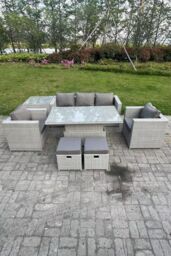 Fimous Rattan Garden Funiture Set Adjustable Rising Lifting Table Sofa Dining Set With 2 Arm Chair in Light Grey - thumbnail 2