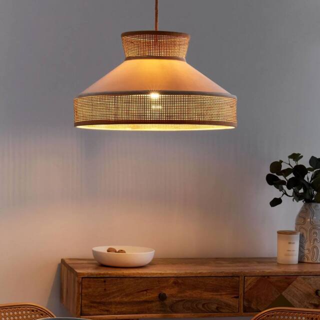 Wyld and Coco Natural Beige Rattan Pendant Lamp with Velvet Shade Adjustable Cord - image 1