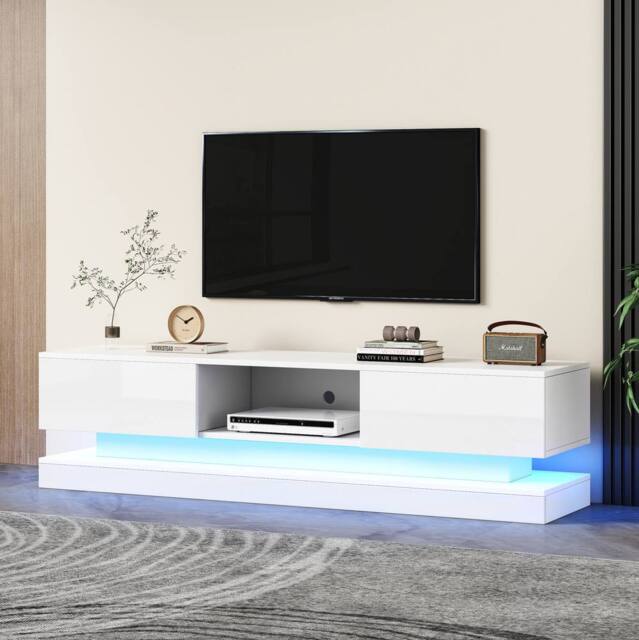 STILVORA TV Stand 160 cm with LED Lights & 2 Drawers in White - image 1