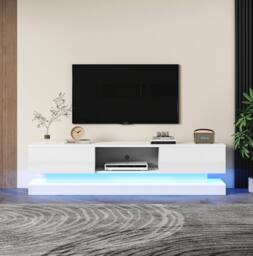 STILVORA TV Stand 160 cm with LED Lights & 2 Drawers in White - thumbnail 2