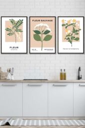 ARTZE Set of 3 Black Framed Vintage Graphical Yellow Wild Flower Market Wall Art in Bright Yellow - Size: W33 cm x H45 cm x D20mm
