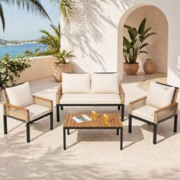 Merax 4 Piece Rattan Garden Sofa Set with Cushions & Coffee Table in Beige - thumbnail 1