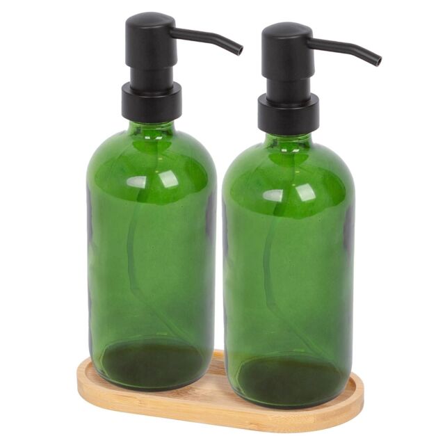 Harbour Housewares 2pc Glass Soap Dispenser Set with Bamboo Tray in Green - image 1
