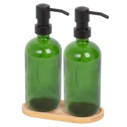 Harbour Housewares 2pc Glass Soap Dispenser Set with Bamboo Tray in Green - thumbnail 1