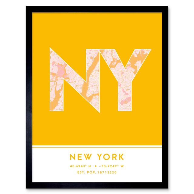 "Wee Blue Coo Wall Art Print New York NYC United States City Map Modern Typography Stylish Letter Framed Word in Yellow - Size: W12"" x H16""" - image 1