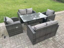 Fimous 6 Seater Rattan Garden Furniture Set Reclining Chair 2 Seater Love Sofa Set Outdoor Rectangular Dining Table in Dark Grey - thumbnail 1