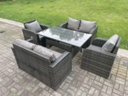 Fimous 6 Seater Rattan Garden Furniture Set Reclining Chair 2 Seater Love Sofa Set Outdoor Rectangular Dining Table in Dark Grey - thumbnail 2