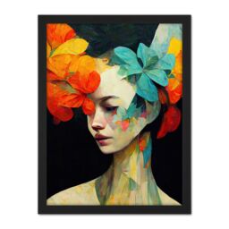 "Artery8 Wall Art Print Orange Teal Yellow Floral Feminine Portrait Abstract Style Painting Large Framed Wall Décor Art - Size: W18"" x H24""" - thumbnail 1