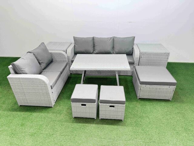 Fimous Rectangular Dining Table Sofa Set with Stool 2 Side Tables Light Grey - image 1