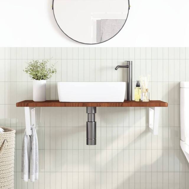Berkfield Home Elegant Basin Shelf Wall Mounted Steel & Solid Wood Oak in Brown - image 1