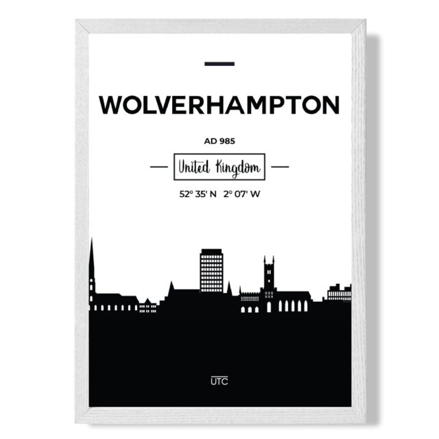 ARTZE Wolverhampton Black & White City Skyline Framed Print SIZE: A2 with White Frame - Size: A4 - image 1