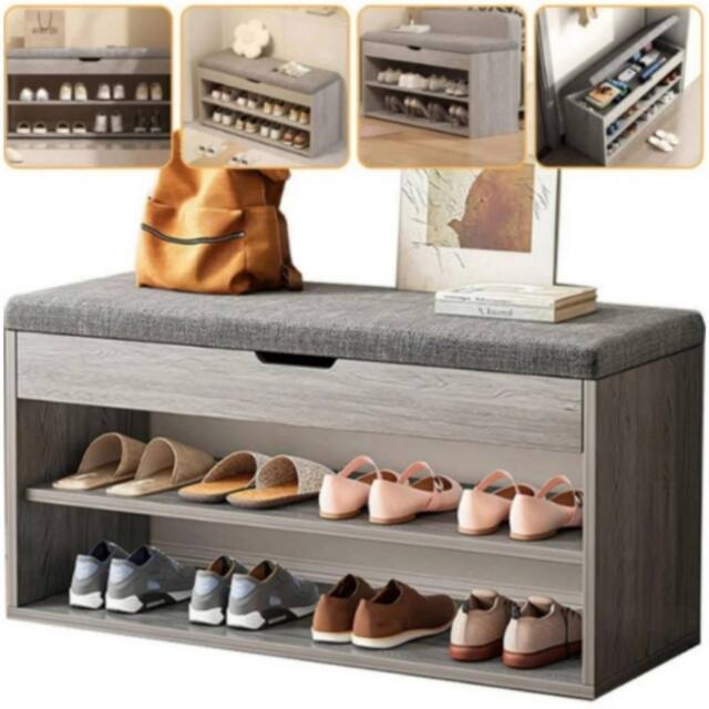 Havendro Shoe Bench Hallway Wooden Rack Storage Cabinet Cushion in Grey - image 1