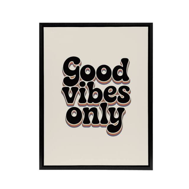 "Artery8 Good Vibes Only Bold Funky Retro Typography Framed Canvas Art Print in Beige - Size: W12"" x H16""" - image 1