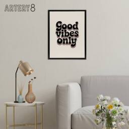 "Artery8 Good Vibes Only Bold Funky Retro Typography Framed Canvas Art Print in Beige - Size: W12"" x H16""" - thumbnail 3