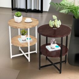 Pirlo Plush Industrial 2 Tier Round Coffee Table For Living Room in Walnut - thumbnail 5