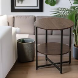 Pirlo Plush Industrial 2 Tier Round Coffee Table For Living Room in Walnut - thumbnail 4