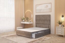 Somnior Alexas Divan 2 Draw Bed Base with Floor Standing Headboard Tweed Fabric in Brown - Size: Small Single - thumbnail 1
