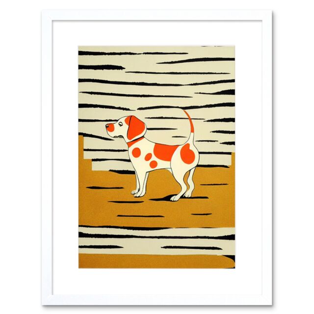 "Artery8 Wall Art Print Beagle Dog Springer Orange on Mustard Spaniel Artwork Framed 9X7 Inch in White - Size: W7"" x H9""" - image 1