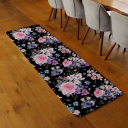 Benjamin Tate Design Bright Pink Flowers On Black Runner Rug in Natural - Size: 67 cm x 230 cm - thumbnail 2