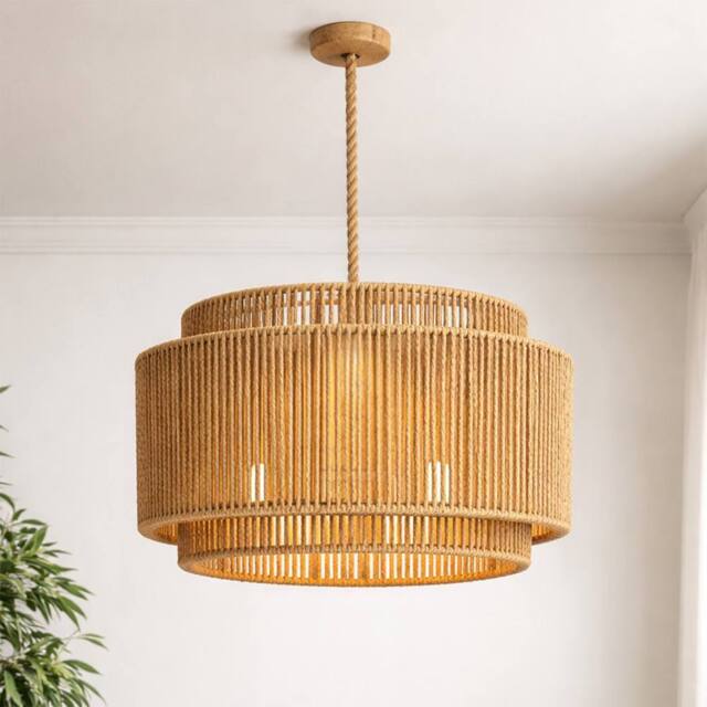 Voltico Double Tier Rattan Lampshade 30cm Natural Woven Pendant Ceiling Shade in Brown - image 1