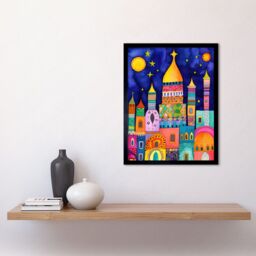 "Artery8 Wall Art Print Islamic Cityscape Moonlight Mosque Folk Art Framed in Black - Size: W12"" x H16""" - thumbnail 2