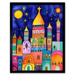 "Artery8 Wall Art Print Islamic Cityscape Moonlight Mosque Folk Art Framed in Black - Size: W12"" x H16""" - thumbnail 1