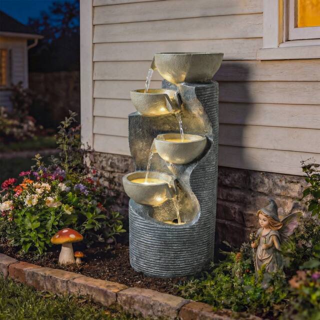 OUTSUNNY 5 Tier Garden Water Feature, Outdoor Water Fountain with LED Lights