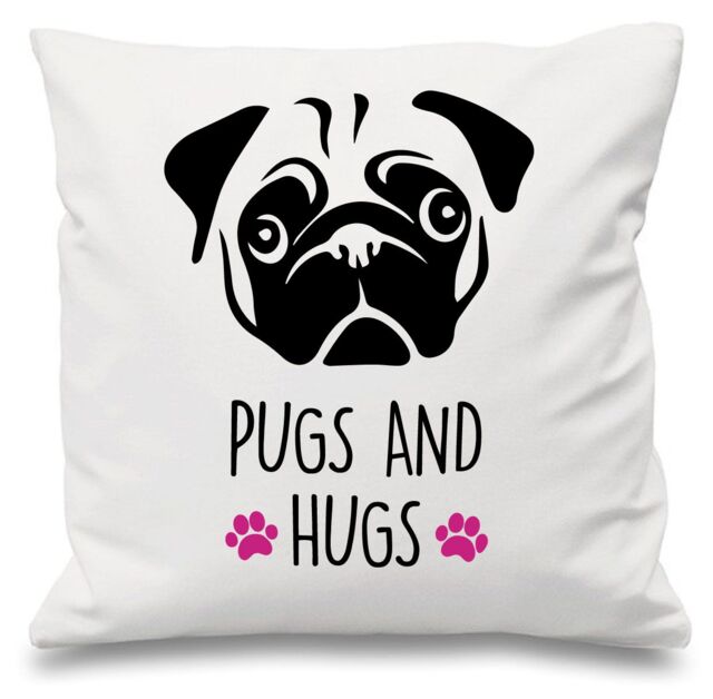 "60 SECOND MAKEOVER Pugs & Hugs White Cushion Cover 16"" x 16"" Mum Friend Gift Pet Dog Pug - Size: 40 cm x 40 cm"