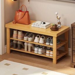 Hinsinc 3 Tiers Wooden Shoe Rack Seating Bench Hallway Storage Organiser in Light Brown - thumbnail 7