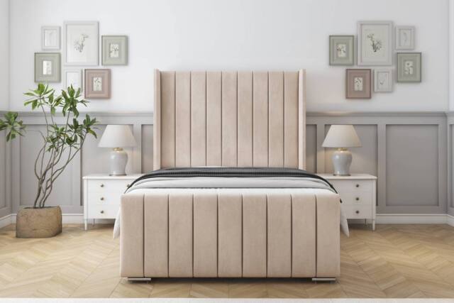 "Sloomy Sofia Gold Naples Bed Frame With 50"" Upholstered Headboard in Light Sand - Size: Double" - image 1