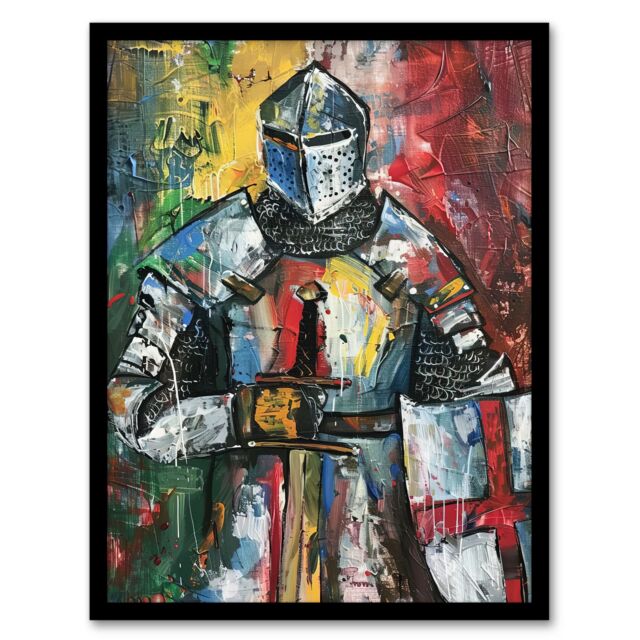 Artery8 Templar Knight Medieval Armor Sword Painting Framed Art Print - Size: A4 - image 1