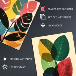 Artery8 Wall Art Print Set of 3 Abstract Leaf Artworks Colourful Boho Leaves Graphic Acrylic & Watercolour Living Room Poster s Pack - thumbnail 4
