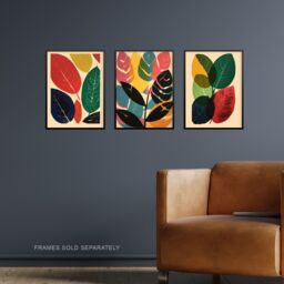 Artery8 Wall Art Print Set of 3 Abstract Leaf Artworks Colourful Boho Leaves Graphic Acrylic & Watercolour Living Room Poster s Pack - thumbnail 2