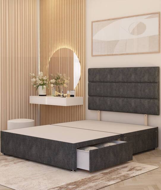 Somnior Chambery 2 Draw Divan Bed Frame with Headboard Tweed Fabric in Charcoal - Size: Double - image 1