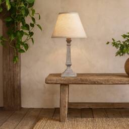Wyld Haus Collioure White Washed Wooden Pedestal Table Lamp Cream Linen Shade in Grey - Size: 10 inches