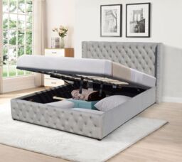 Comfy Living Ltd Winged Plush Velvet Fabric Ottoman Gas Lift Up Storage Bed Frame in Light Grey - Size: Single - thumbnail 1