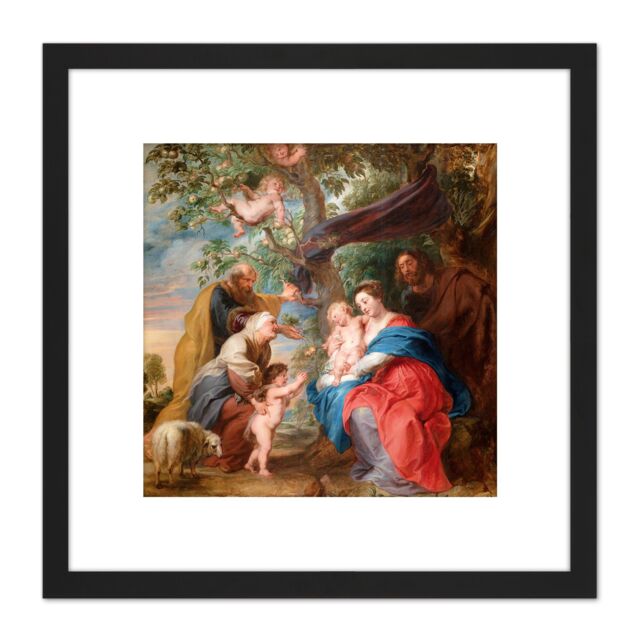 Artery8 Rubens The Holy Family Under An Apple Tree Painting 8X8 Inch Square Wooden Framed Wall Art Print Picture with Mount in Black - image 1