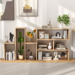 Costway Convex Bookshelf 3-Shelf Bookcase Modern Display Storage Shelf in Natural - thumbnail 4