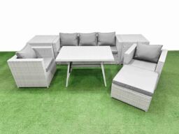 Fimous 8 Pieces Outdoor PE Rattan Sofa Armchair Set with 2 Side Tables Stool in Light Grey - thumbnail 2