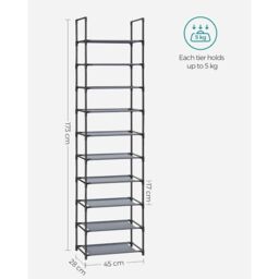 SONGMICS 10-Tier Shoe Storage Stand Metal Frame with Non-Woven Fabric in Grey - thumbnail 3