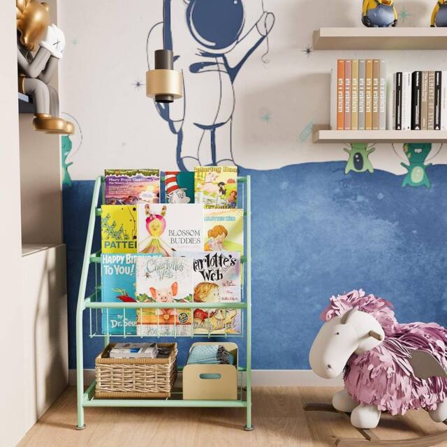 Huhote Wood Kids Book Rack with Toy Storage Bookcase Bookshelf Small Place in Green - image 1