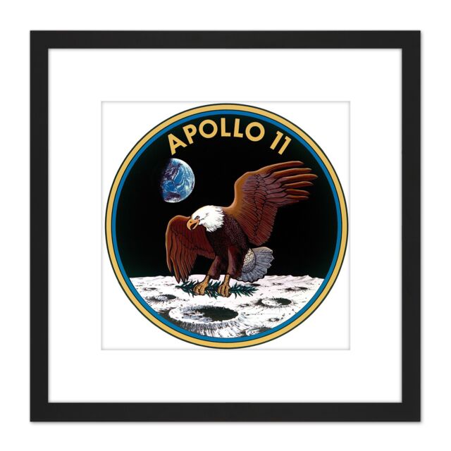 Artery8 Space NASA Apollo 11 Mission Emblem Badge Patch 8X8 Inch Square Wooden Framed Wall Art Print Picture with Mount in Black - image 1