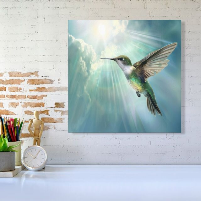"Warren Reed - Designer Hummingbird In A Beautiful Sky Canvas - Size: W16"" x H16""" - image 1