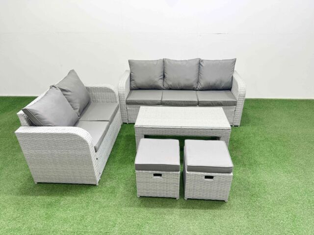Fimous 7 Seater PE Rattan Wicker Garden Furniture Patio Conservatory Sofa Set with Oblong Coffee Table 3 Seater Sofa Love Sofa 2 Stools in Light Grey - image 1