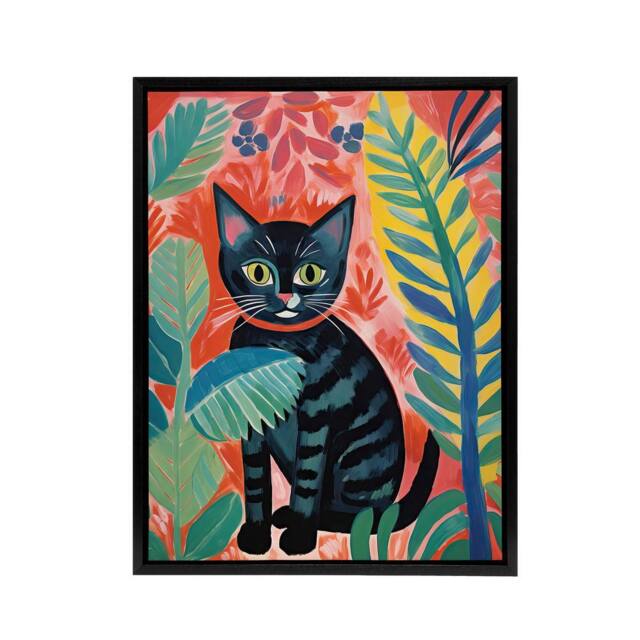 "Artery8 Black Cat In A Jungle Folk Art Framed Canvas Wall Art Print - Size: W18"" x H24""" - image 1