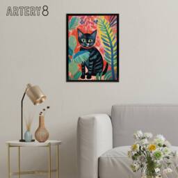"Artery8 Black Cat In A Jungle Folk Art Framed Canvas Wall Art Print - Size: W18"" x H24""" - thumbnail 3