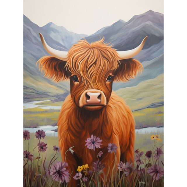 "Artery8 Wall Art Print Kids Bedroom Nursery Artwork Highland Calf Cow in Heather & Cornflower Glen Scotland Poster in Brown - Size: W18"" x H24""" - image 1