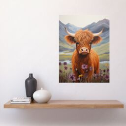 "Artery8 Wall Art Print Kids Bedroom Nursery Artwork Highland Calf Cow in Heather & Cornflower Glen Scotland Poster in Brown - Size: W18"" x H24""" - thumbnail 2