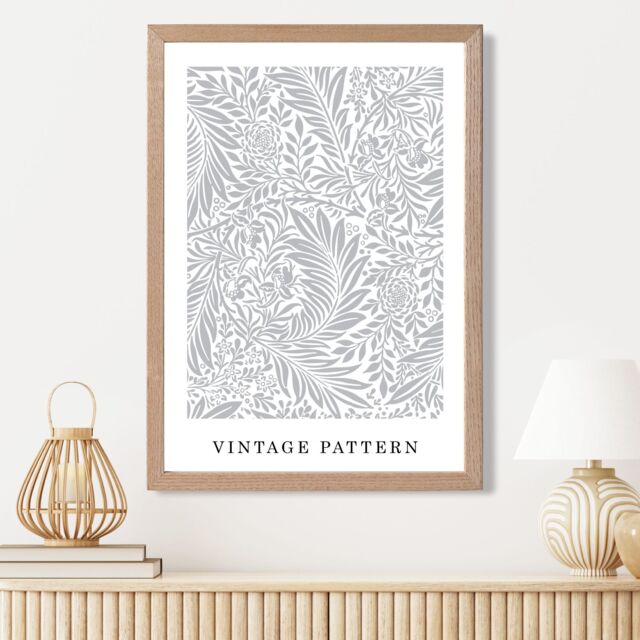 ARTZE Vintage William Morris Larkspur in Grey & White Art Print / Oak Frame / SIZE: A4 - Size: A3 - image 1