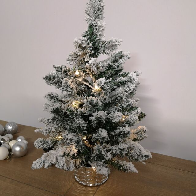 Samuel Alexander 2ft (60cm) Battery Operated Snow Flocked Mini Christmas Tree in Silver Pot with Warm White LEDs in Green - image 1